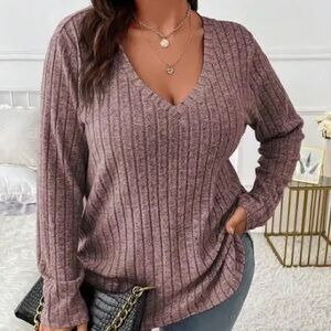Dusty Pink V Neck Ribbed Knit Tee Fall thin sweater size XL